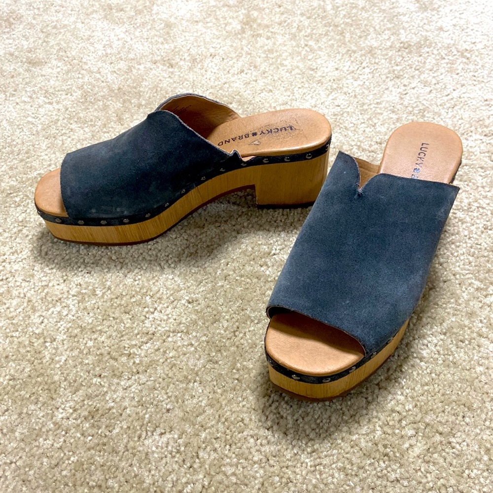 Lucky suede leather slide clog stacked wooden sole 8 natural materials